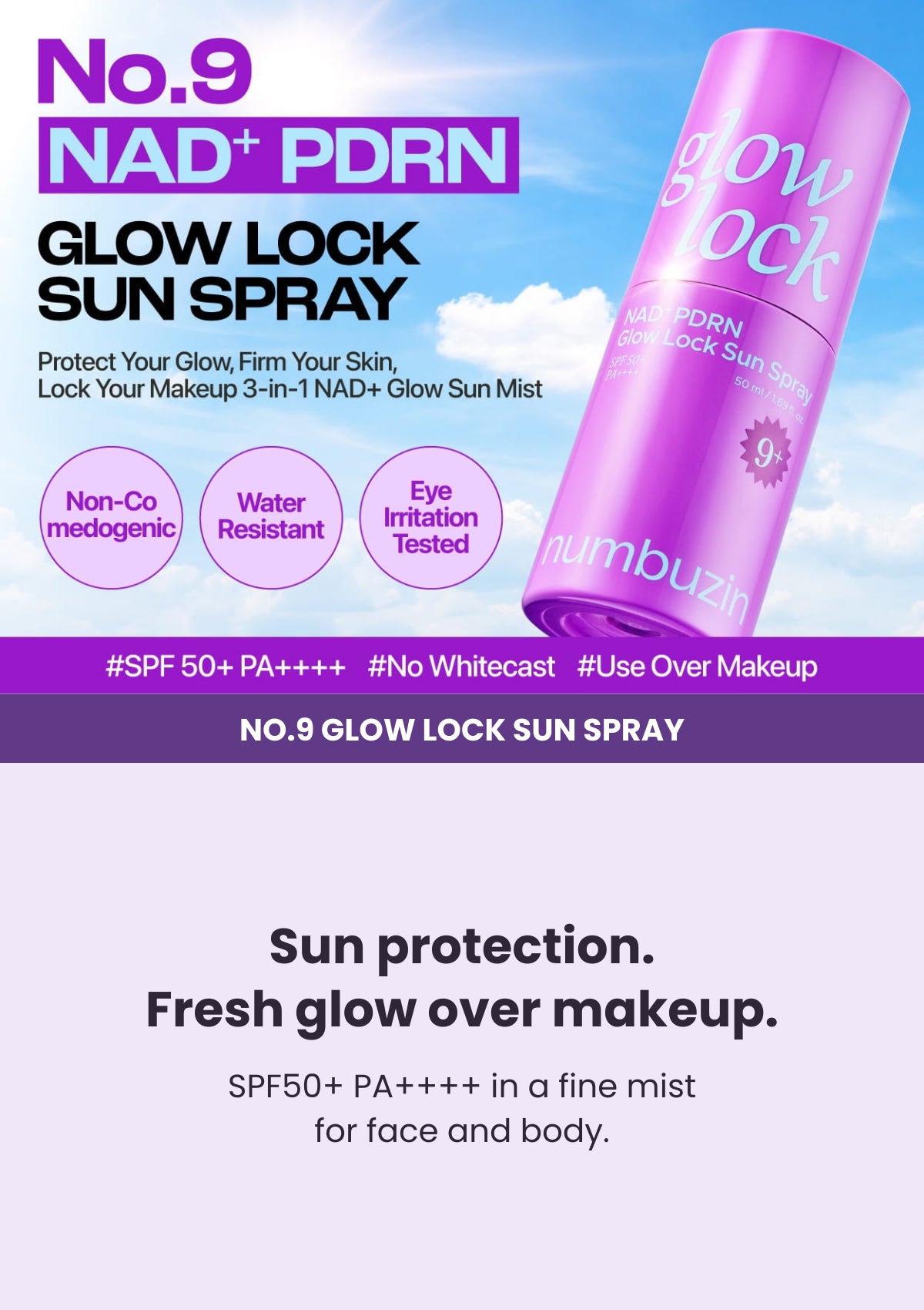 NUMBUZIN No.9 NAD+ PDRN Glow Lock Sun Spray 50ml with SPF50+ PA++++ protection, no white cast and over-makeup use